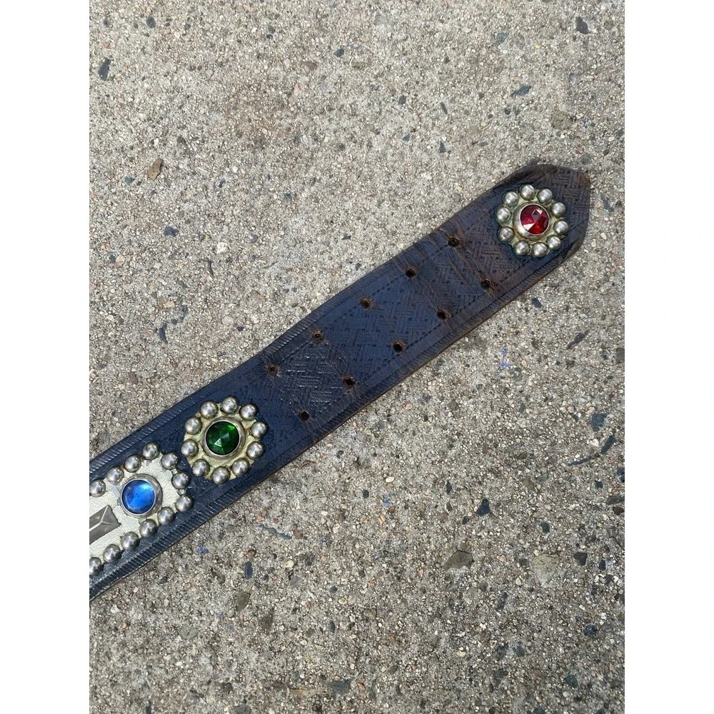 Vintage 40s 50s Studded Jeweled Rockabilly Belt Two-Prong Buckle Leather Black